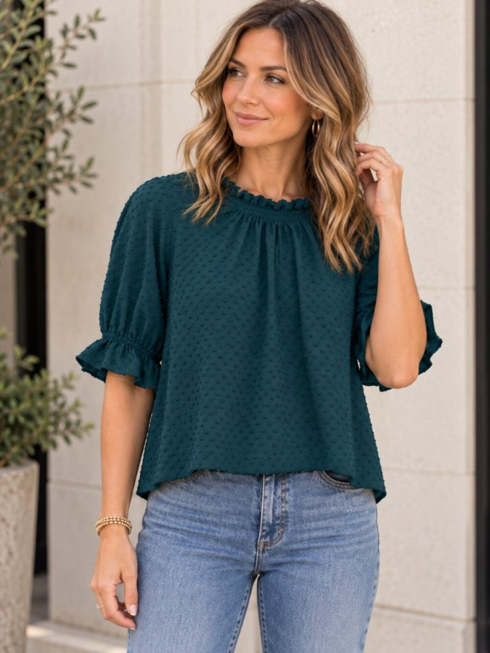 Madewell Texture & Thread Teal Swiss Dot Blouse | Ruffle Sleeve Top | Small